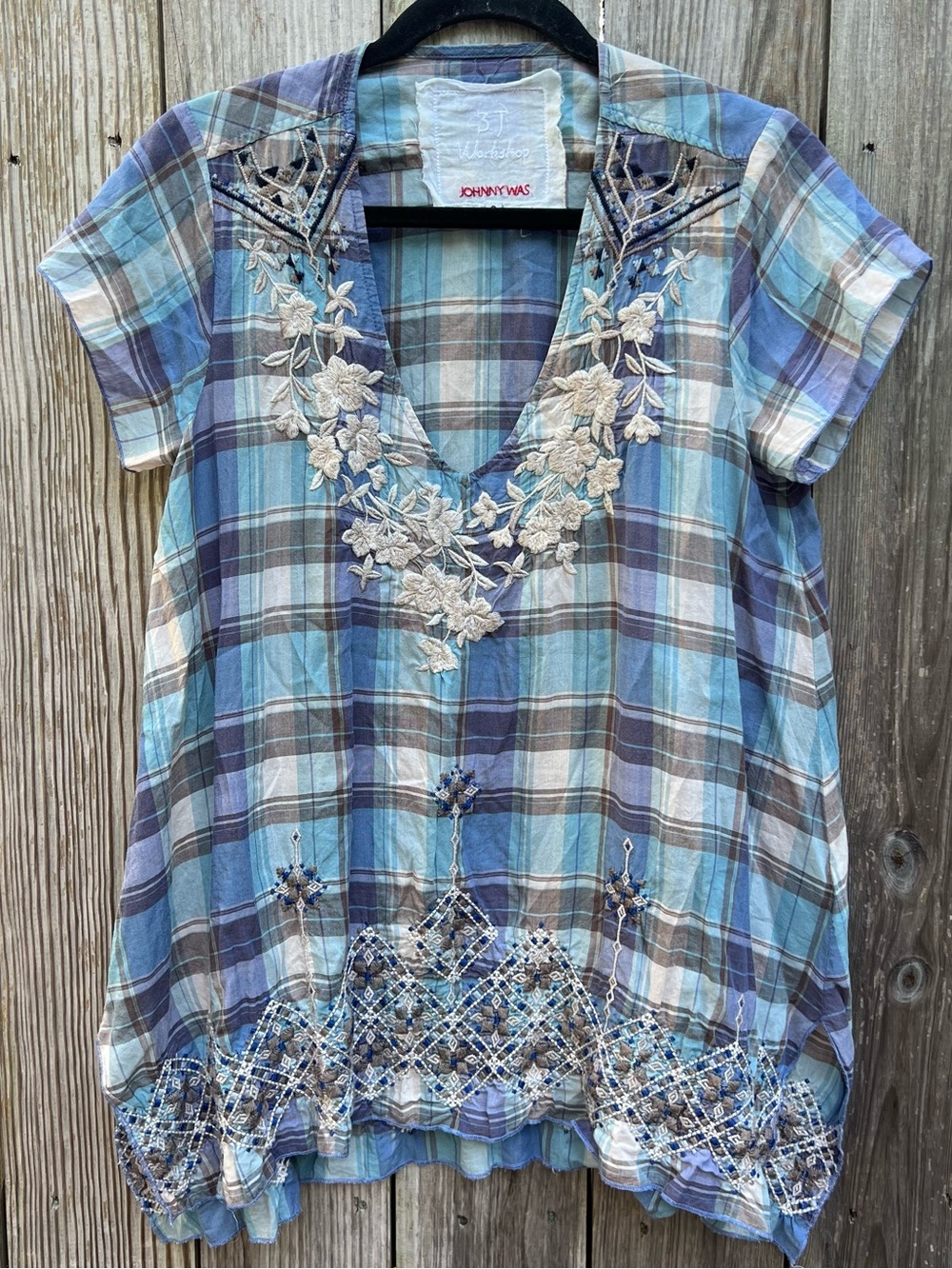JOHNNY WAS Purple Blue Plaid Embroidered Boho SS Women’s Small Top - Picture 1 of 11